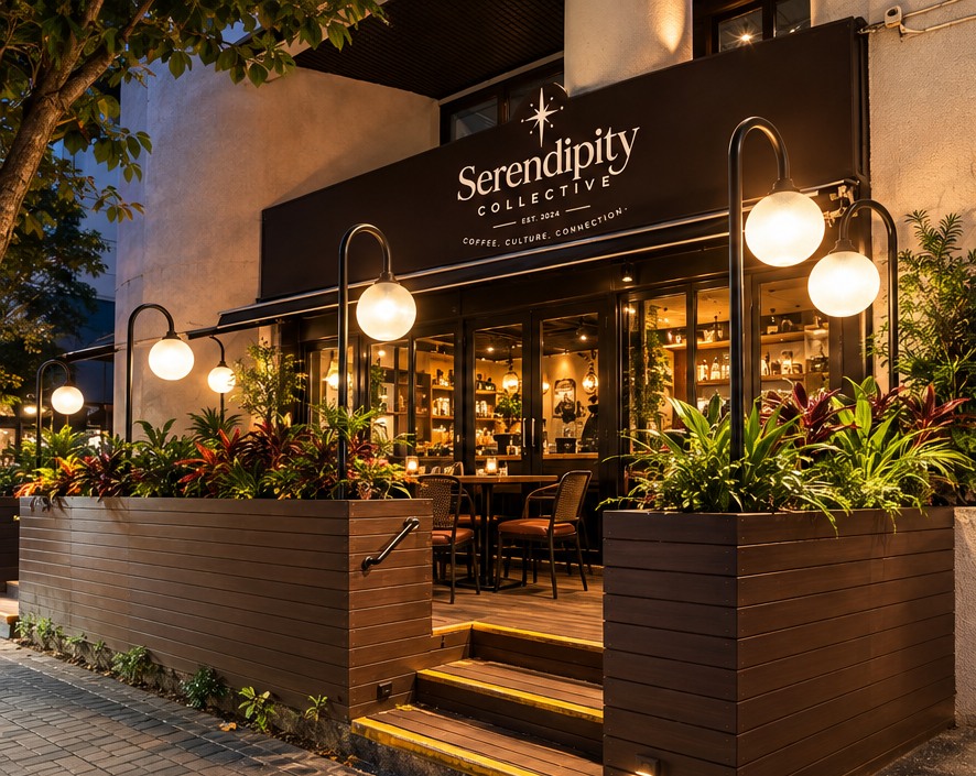 Concept visualization of the completed Serendipity Collective storefront at night